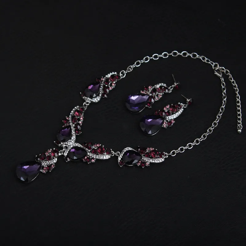 American exaggerated necklace and earrings set amethyst short clavicle chain women's dress banquet