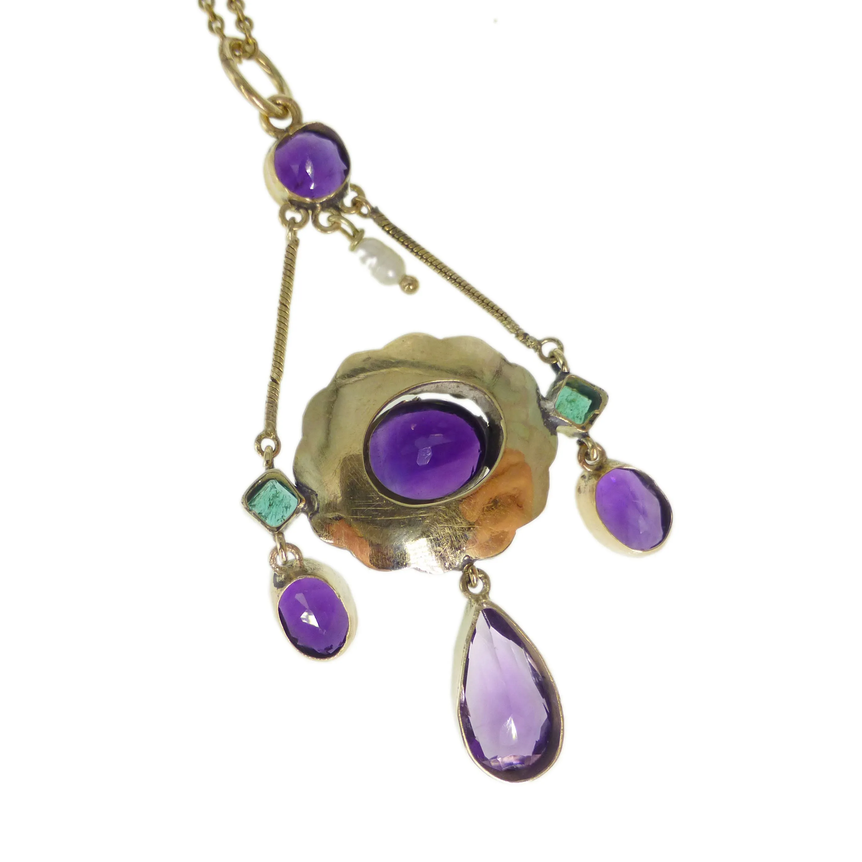 Antique 15ct Gold Amethyst Emerald Pendant Necklace