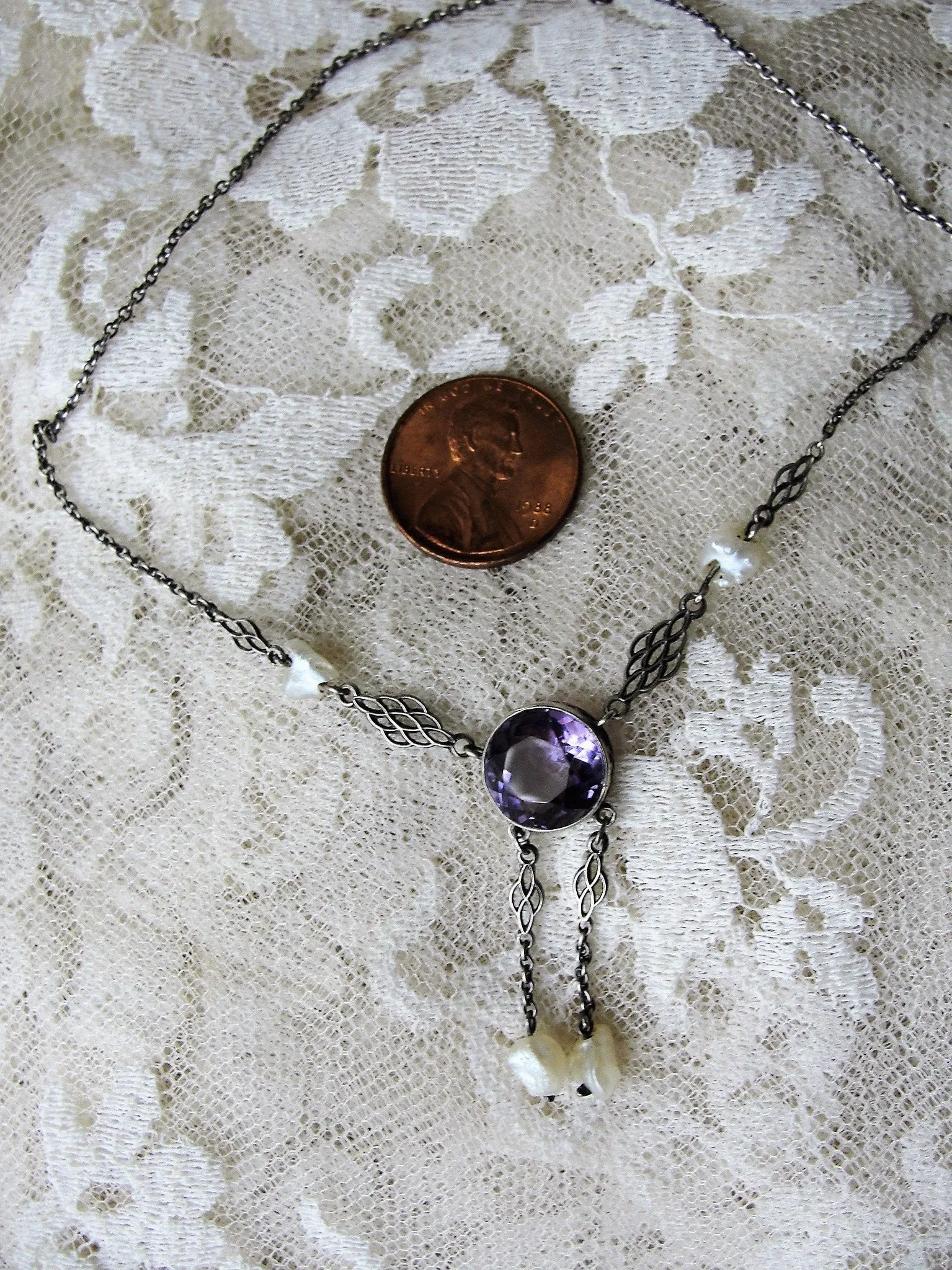 ANTIQUE Lavalier,Amethyst and Fresh Water Pearl Drops Necklace,Arts and Crafts Era,Edwardian Necklace,Beautiful Antique Pendant,Collectible