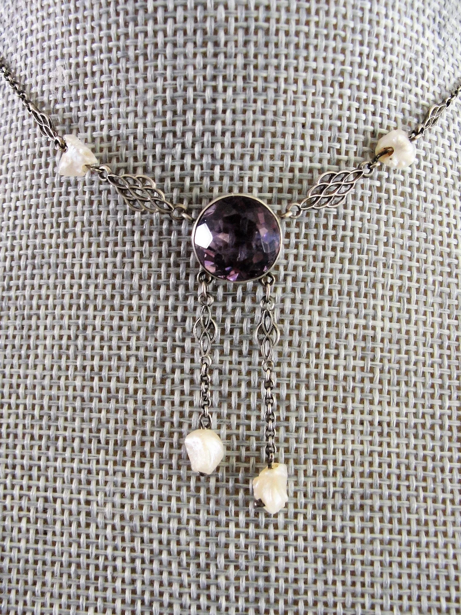 ANTIQUE Lavalier,Amethyst and Fresh Water Pearl Drops Necklace,Arts and Crafts Era,Edwardian Necklace,Beautiful Antique Pendant,Collectible