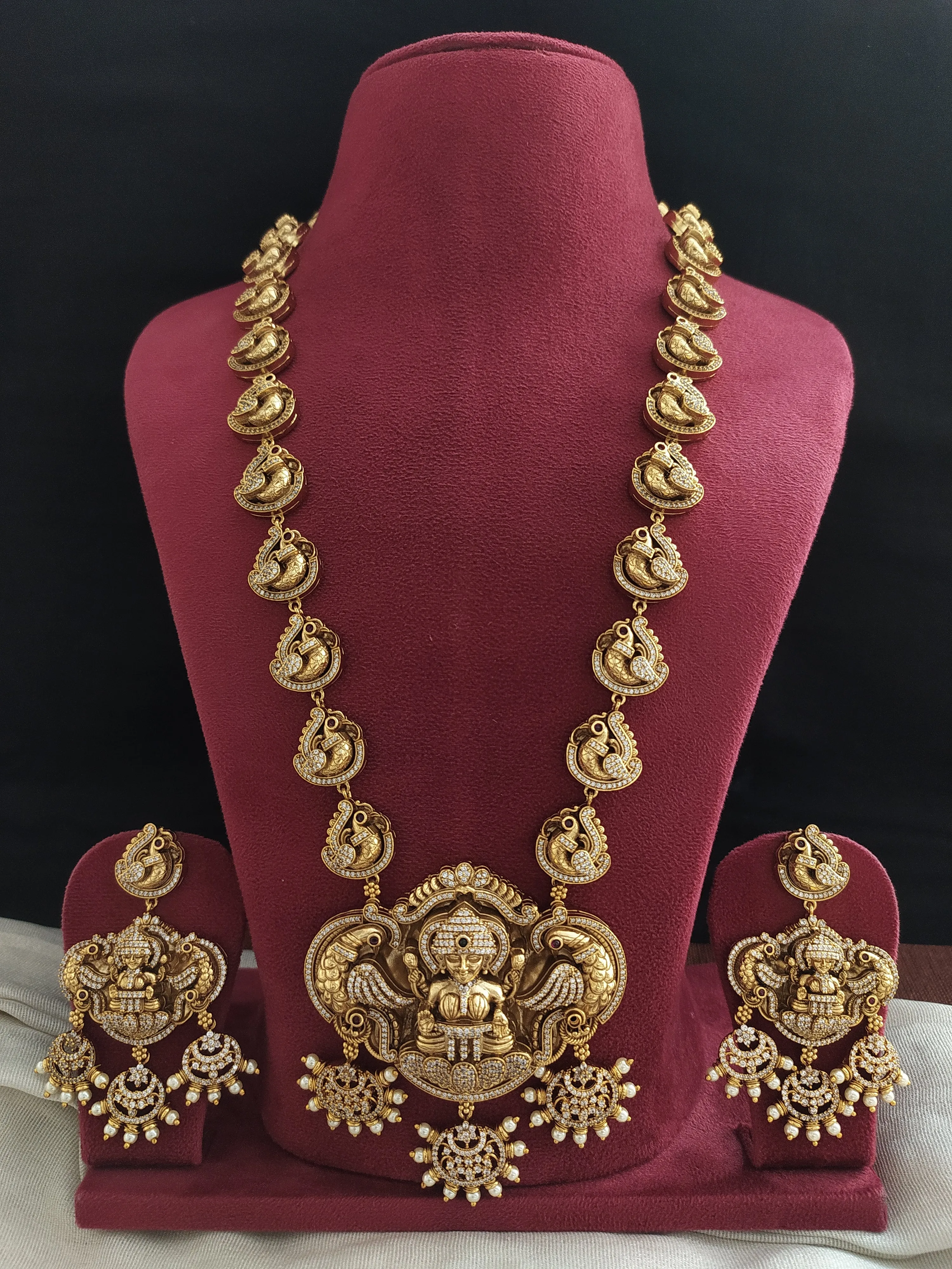 Antique Nakshi Work Lakshmi Long Haram Set with Zircon Stones and Peacock Design