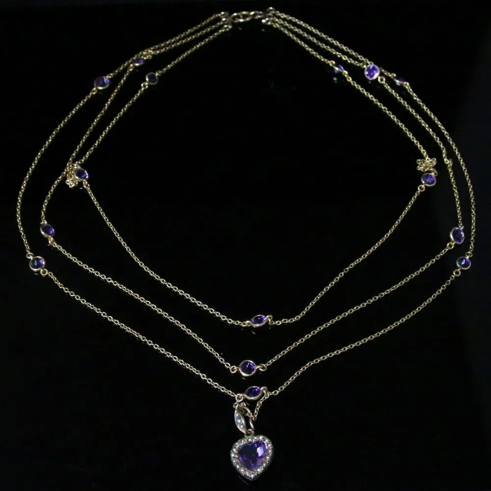 Antique Victorian Amethyst Gold Necklace - Boxed Triple Necklace Leading To Heart