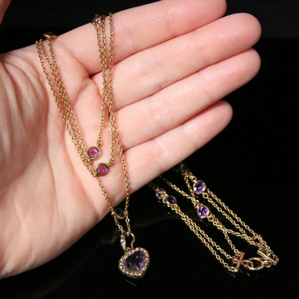 Antique Victorian Amethyst Gold Necklace - Boxed Triple Necklace Leading To Heart