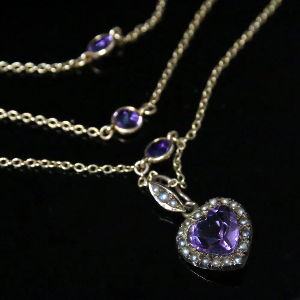 Antique Victorian Amethyst Gold Necklace - Boxed Triple Necklace Leading To Heart