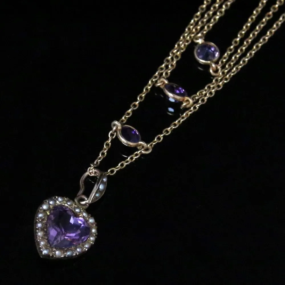 Antique Victorian Amethyst Gold Necklace - Boxed Triple Necklace Leading To Heart