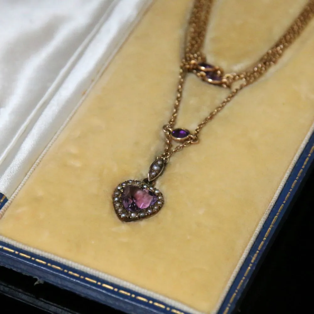 Antique Victorian Amethyst Gold Necklace - Boxed Triple Necklace Leading To Heart