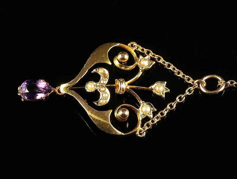 Antique Victorian Amethyst Pearl Pendant Lavaliere Necklace Gold