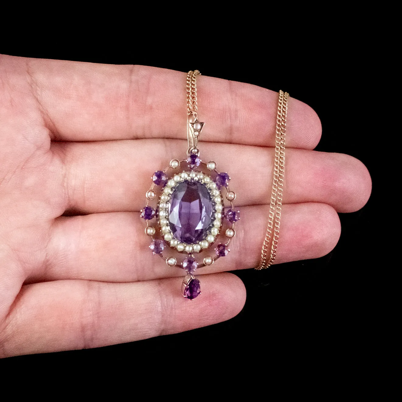 Antique Victorian Amethyst Pearl Pendant Necklace 9ct Gold 12ct Amethyst Circa 1900