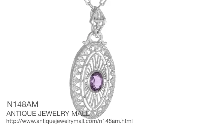 Art Deco Amethyst Filigree Oval Pendant Necklace in Sterling Silver