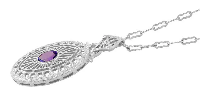 Art Deco Amethyst Filigree Oval Pendant Necklace in Sterling Silver