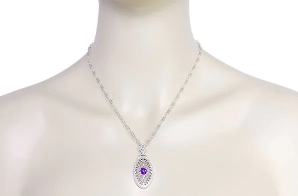 Art Deco Amethyst Filigree Oval Pendant Necklace in Sterling Silver