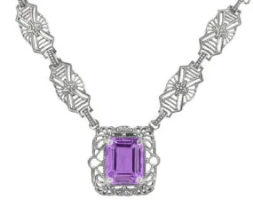 Art Deco Filigree Amethyst Drop Pendant Necklace in Sterling Silver