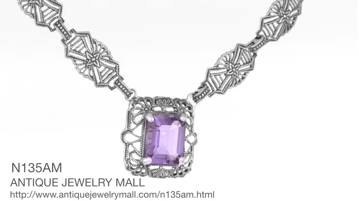 Art Deco Filigree Amethyst Drop Pendant Necklace in Sterling Silver