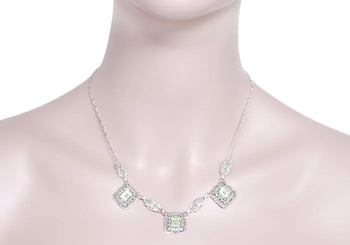 Art Deco Filigree Prasiolite ( Green Amethyst ) 3 Drop Necklace in Sterling Silver