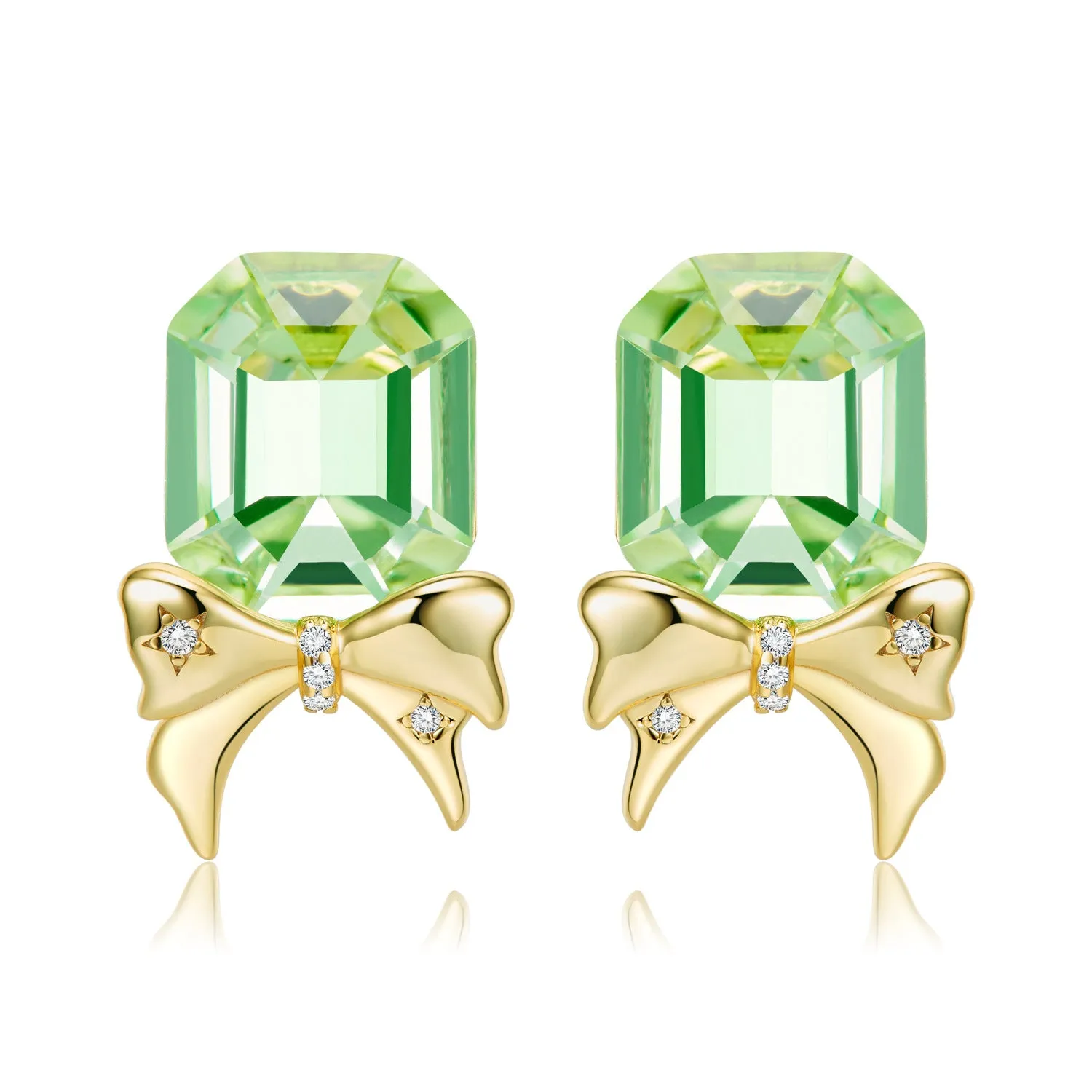 Asscher Cut Green Zircon Golden Bow Silver Stud Earrings