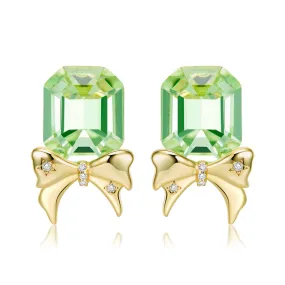 Asscher Cut Green Zircon Golden Bow Silver Stud Earrings