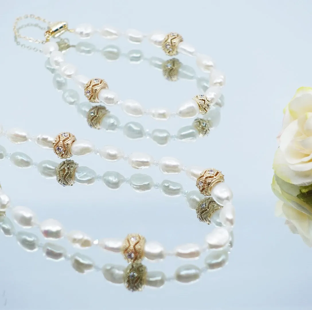 Baroque Pearl Necklace and Bracelet Set with Water Wave