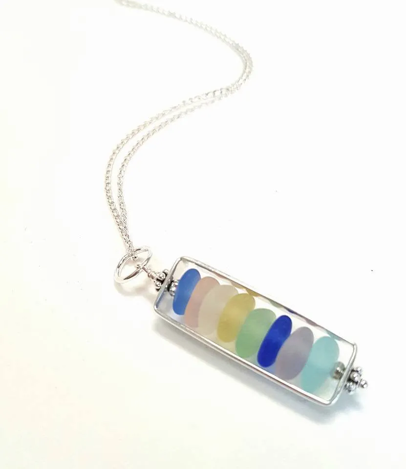 Beach Necklace GENUINE Sea Glass Necklace Sterling Silver Rectangle Locket Necklace Statement