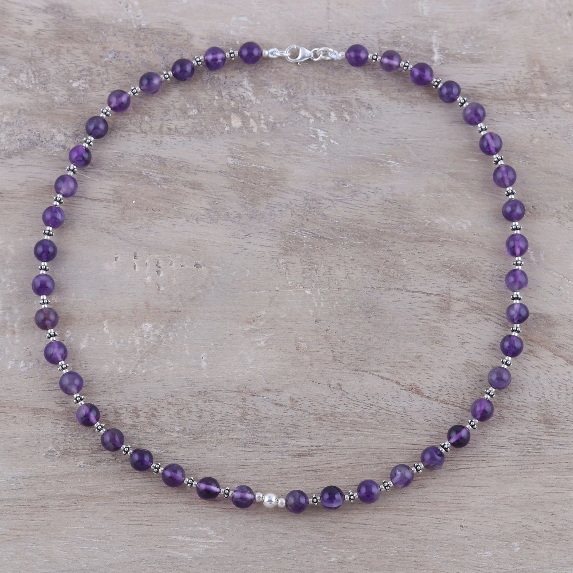 Beaded Beauty in Purple Amethyst and Sterling Silver Beaded Necklace from India