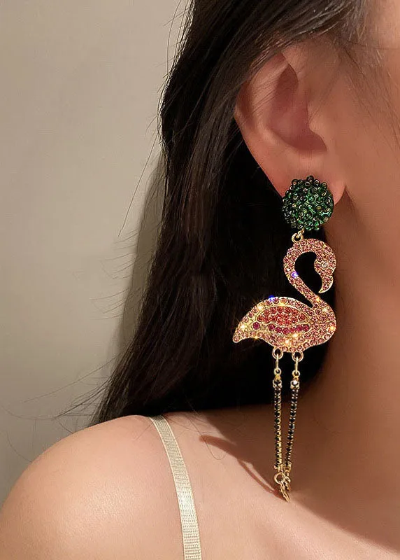 Beautiful Pink Flamingo Zircon Tassel Silver Drop Earrings