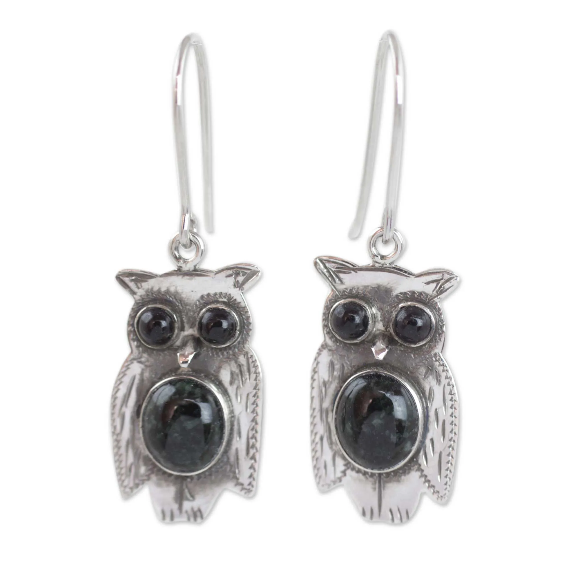 Black and Green Jade and Sterling Silver Owl Earrings - Dapper Owls | NOVICA