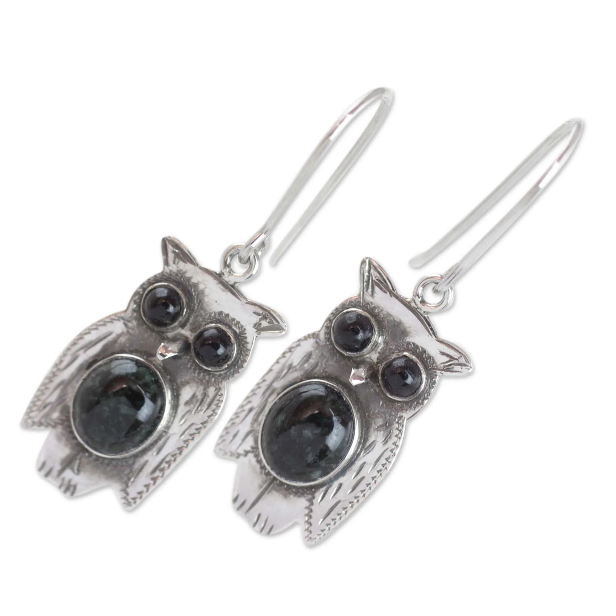 Black and Green Jade and Sterling Silver Owl Earrings - Dapper Owls | NOVICA