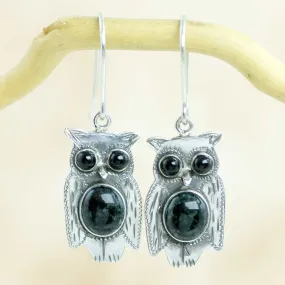 Black and Green Jade and Sterling Silver Owl Earrings - Dapper Owls | NOVICA