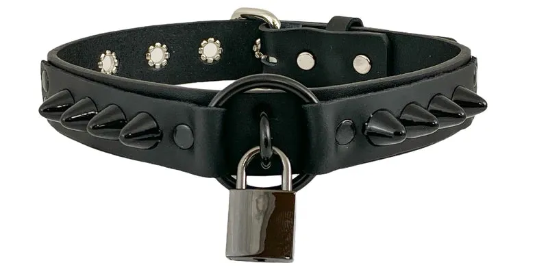 Black Leather Collar w/ U Ring, Black Lock and UK77 Spikes