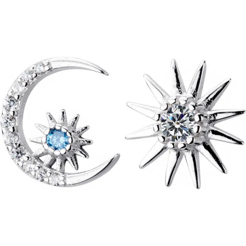 Blue Diamond Star And Moon Stud Earrings, Sweet Earrings For Girlfriends