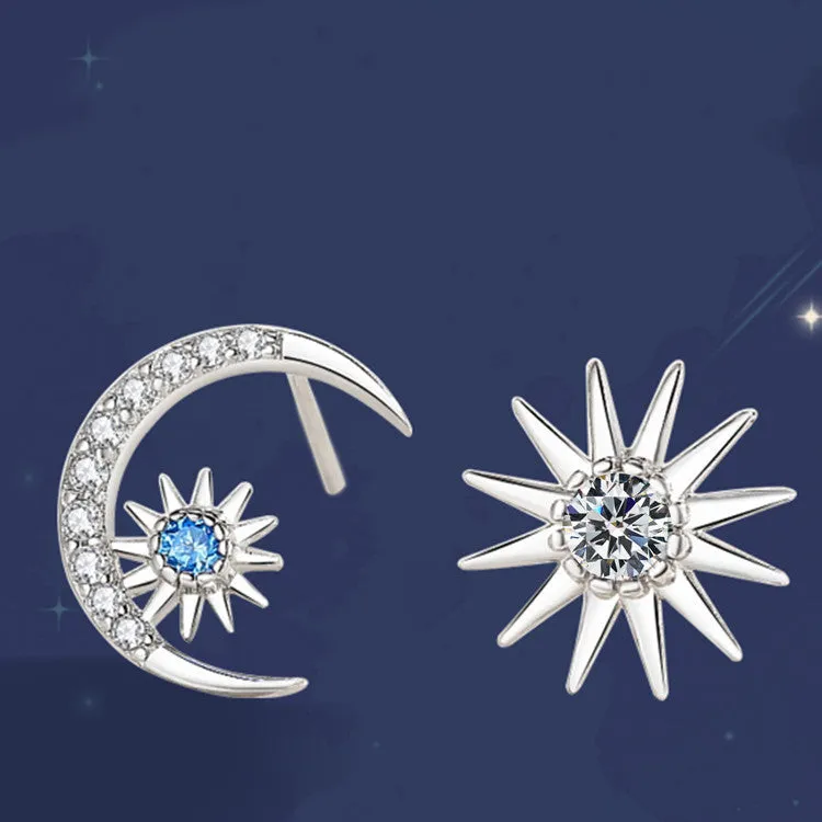 Blue Diamond Star And Moon Stud Earrings, Sweet Earrings For Girlfriends