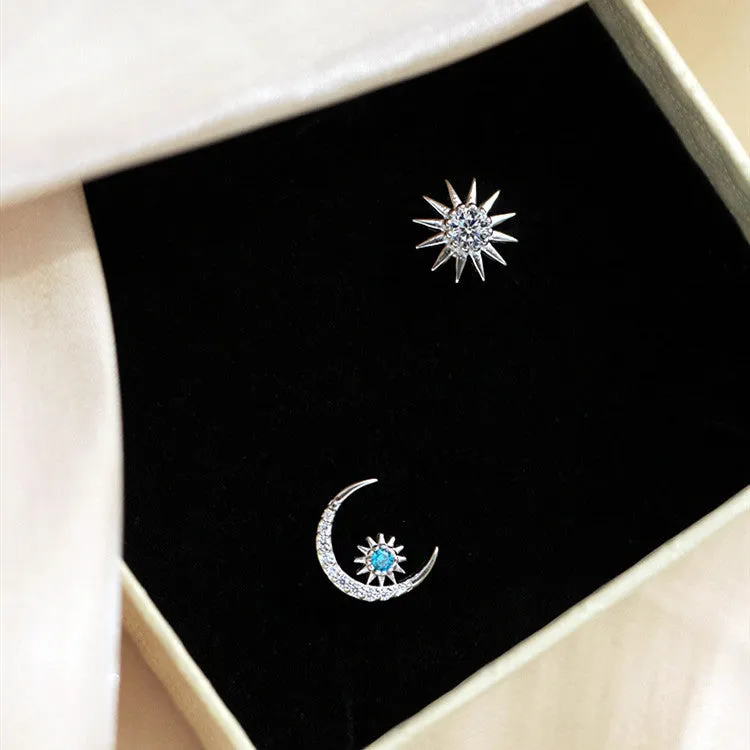 Blue Diamond Star And Moon Stud Earrings, Sweet Earrings For Girlfriends