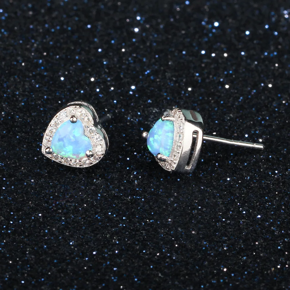 Blue Heart Shape Opal Zircon Soleste Halo Sterling Silver Stud Earrings