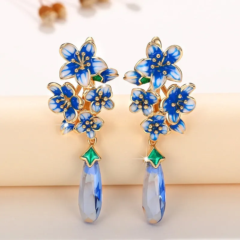 Blue Morning Glory Earrings Gold Color Romantic Flower Jewelry