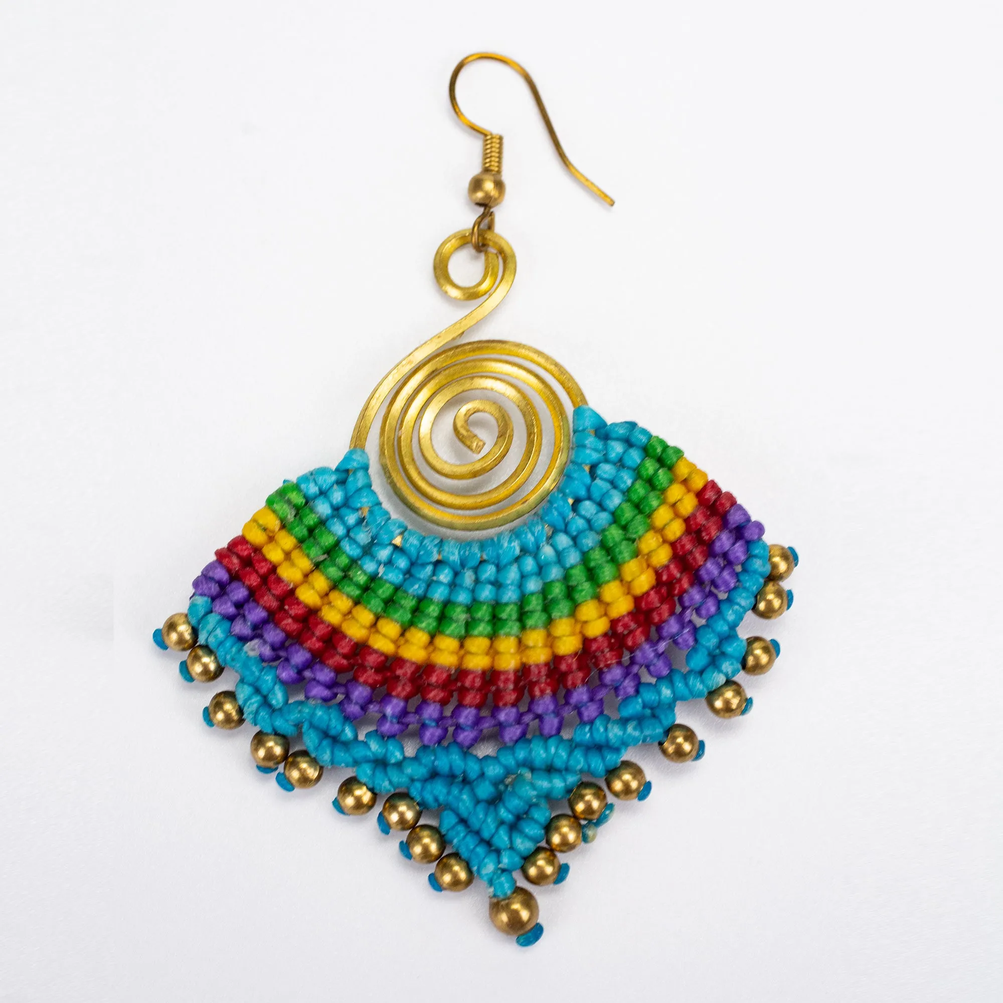 Blue Rainbow Waxed String Spiral Brass Earrings