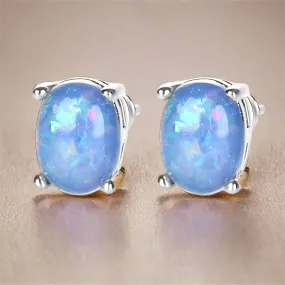 Blue Simulated Fire Opal Oval Solitaire On 14K White Gold Plated Stud Earrings for Woman