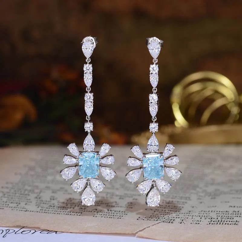 Blue Zircon 7*9mm Rectangle Ice Cut with Chain Annular Petals Silver Drop Earrings for Women