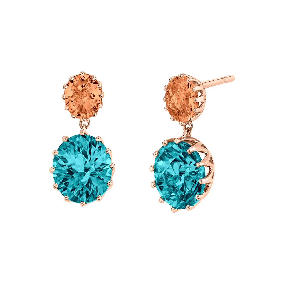 Blue Zircon and Spice Zircon 14K Rose Gold Drop Earrings