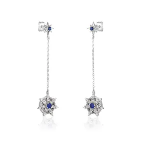 Blue Zircon Seven-pointed Star Tassel Silver Drop Earrings for Women