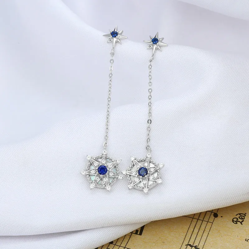 Blue Zircon Seven-pointed Star Tassel Silver Drop Earrings for Women