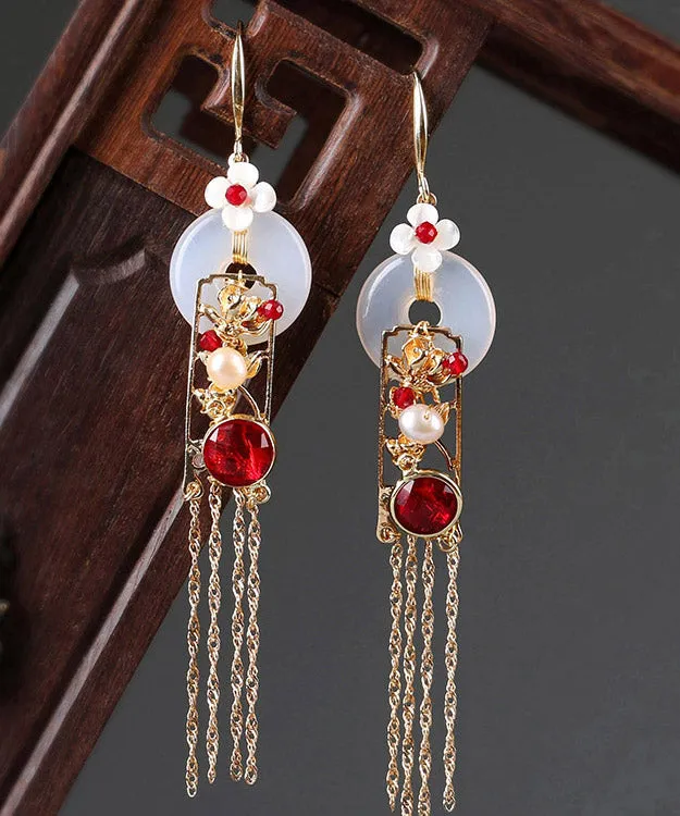 Boho White Copper Jade Agate Pearl Tassel Drop Earrings LY2014