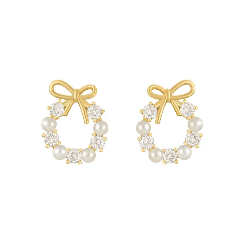 Bow Pearl Garland Silver Studs Earrings for Women