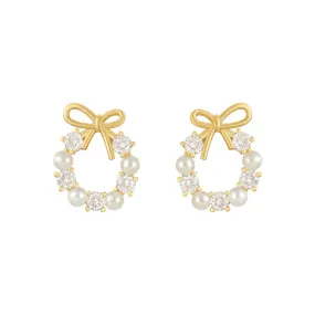 Bow Pearl Garland Silver Studs Earrings for Women