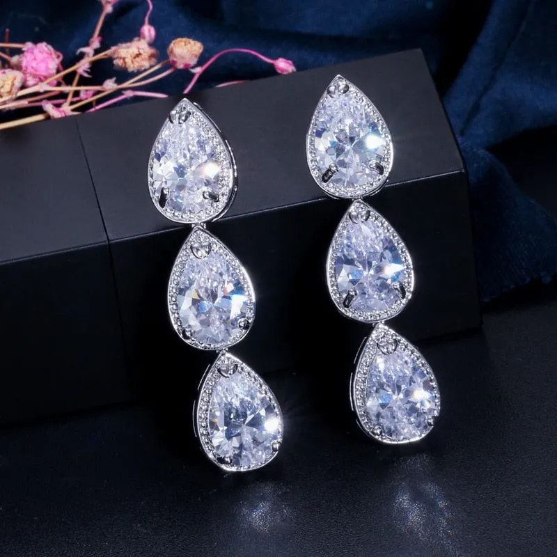 Brilliant Silver Color Cubic Zircon Long Tear Drop Earrings