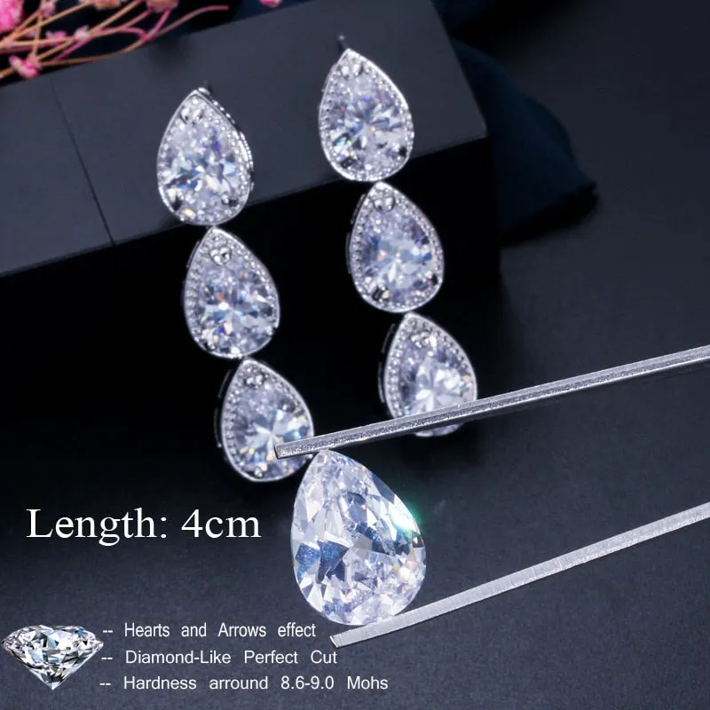 Brilliant Silver Color Cubic Zircon Long Tear Drop Earrings