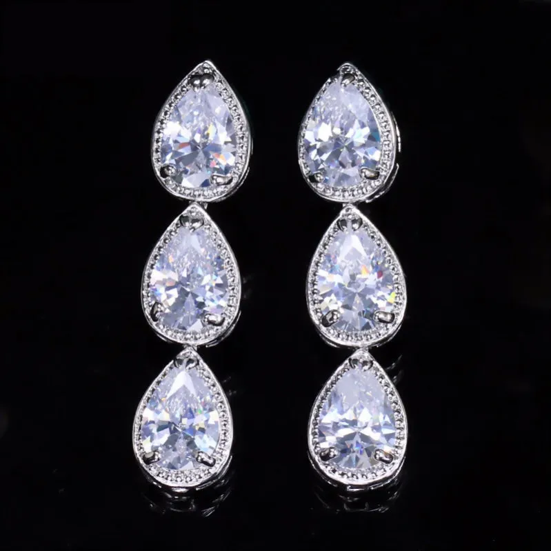 Brilliant Silver Color Cubic Zircon Long Tear Drop Earrings