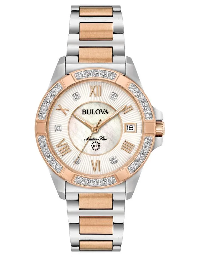 Bulova Womens Marine Star Diamond Watch - Two-Tone - MOP Dial - 100m - Date