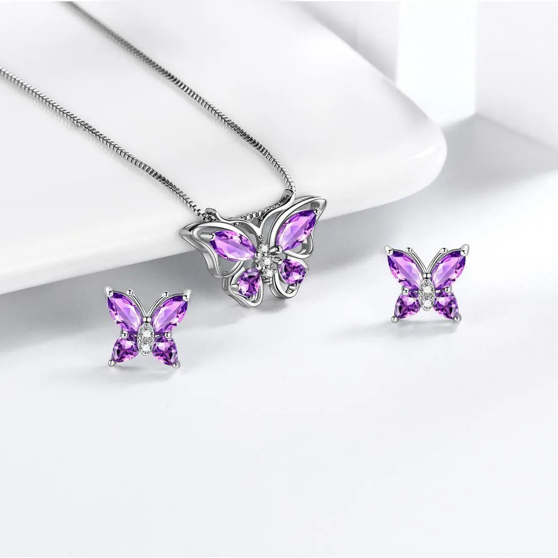 Butterfly Jewelry Set Birthstone February Amethyst Women Girls Birthday Gift