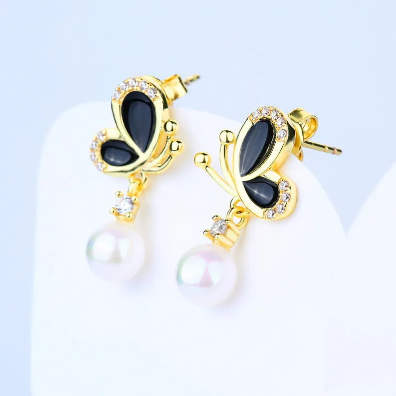 Butterfly Zircon Round Pearl Pendant Golden Sterling Silver Drop Earrings