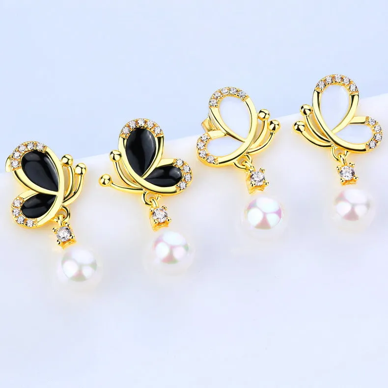 Butterfly Zircon Round Pearl Pendant Golden Sterling Silver Drop Earrings