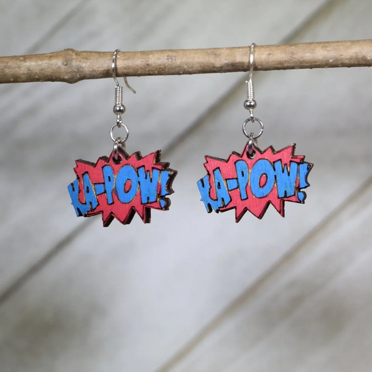 Cartoon "KA_POW!" Sound Effect Wooden Dangle Earrings by Cate's Concepts, LLC